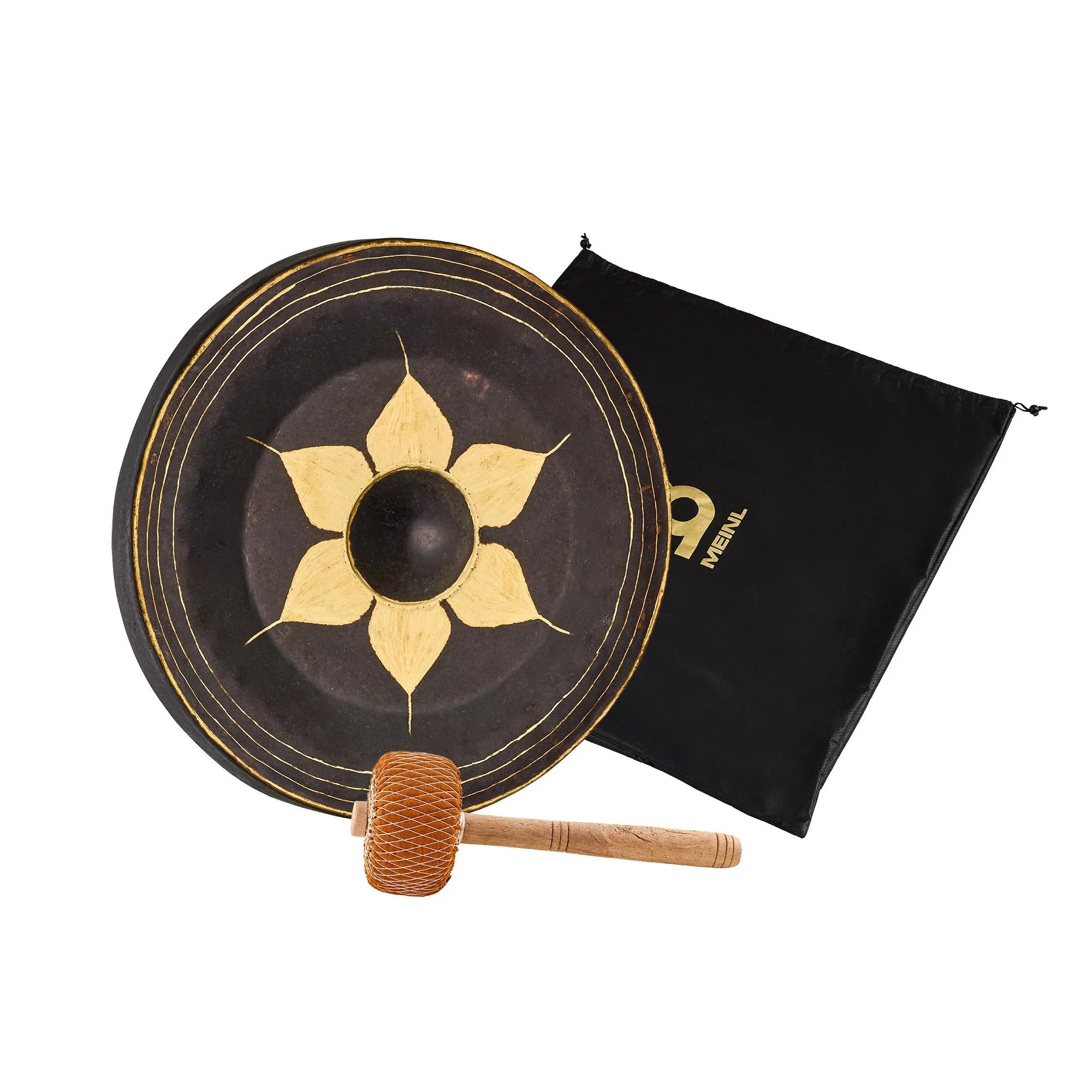 Hand-hammered gong with lotus design, mallet, and carrying bag for sound healing