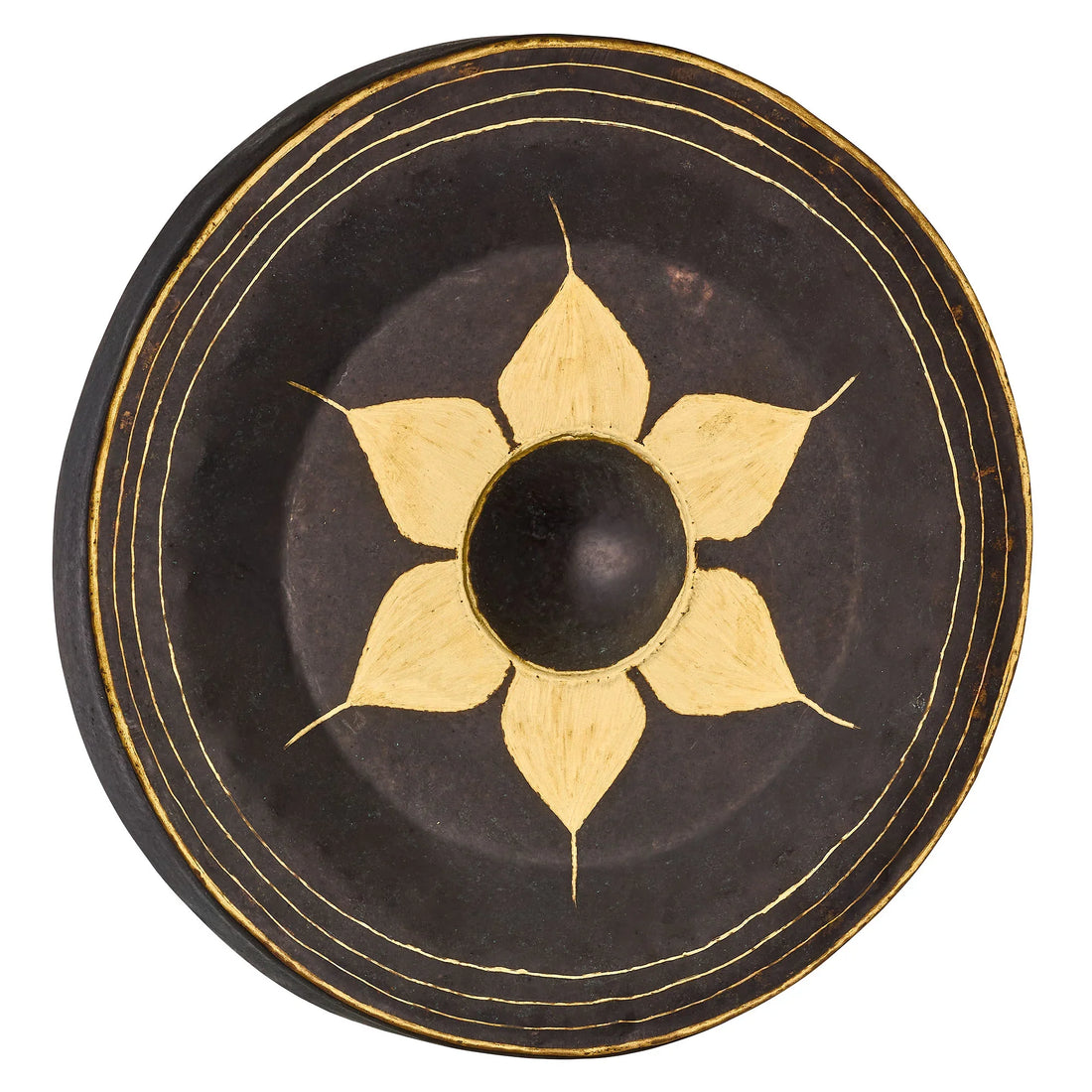 Black and gold metal handpan drum with floral design, energy healing instrument