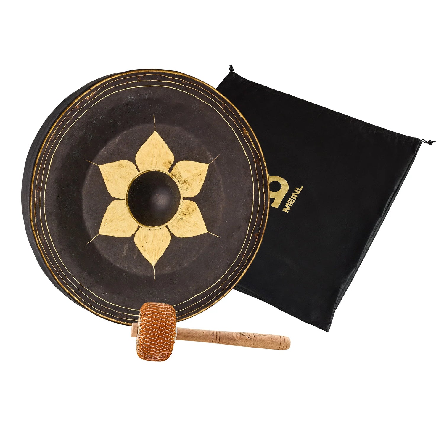 Handcrafted metal gong with flower design, mallet, and carrying bag for sound healing