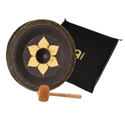 Handcrafted metal gong with flower design, mallet, and carrying bag for sound healing