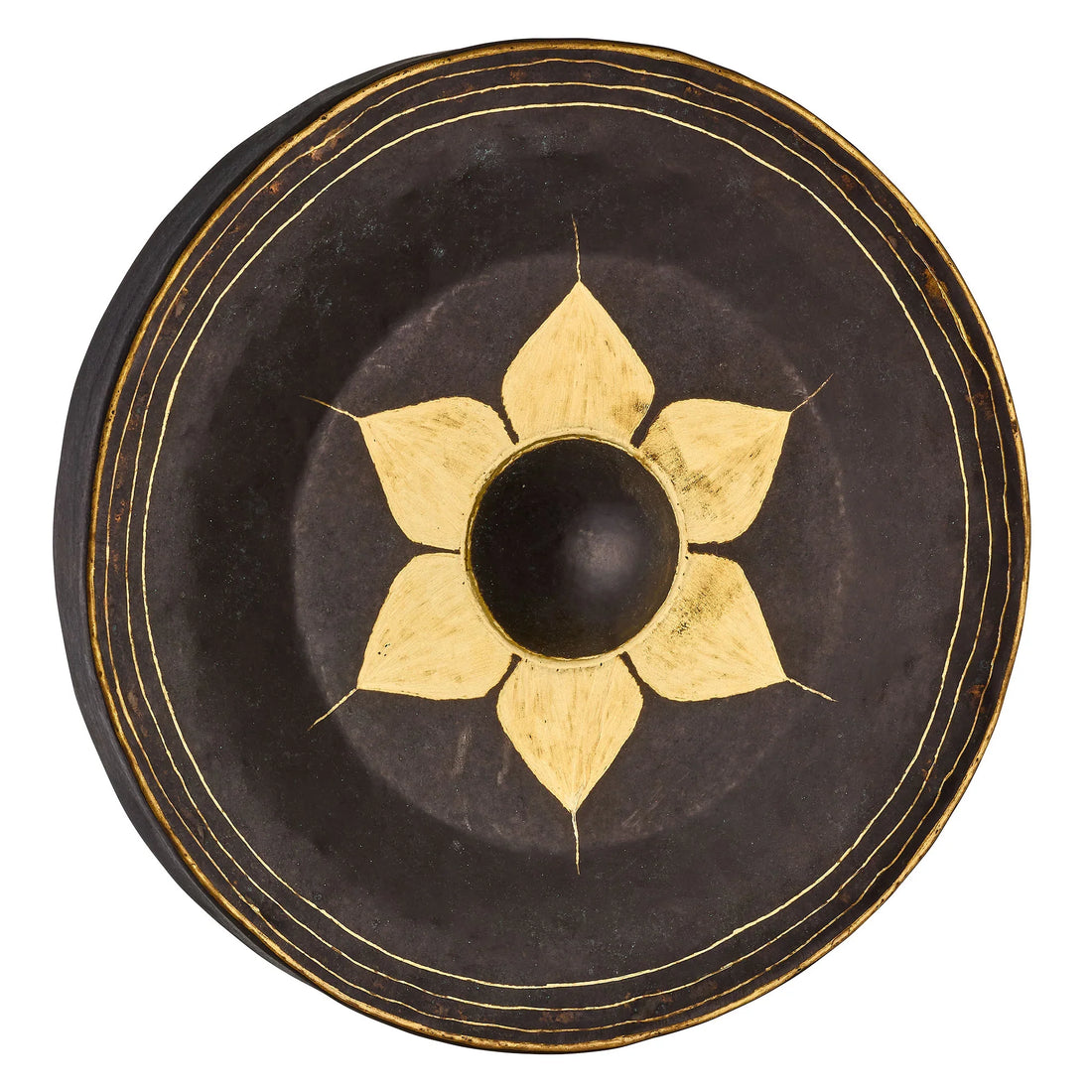 Handcrafted black and gold gong with lotus flower design for sound healing and meditation