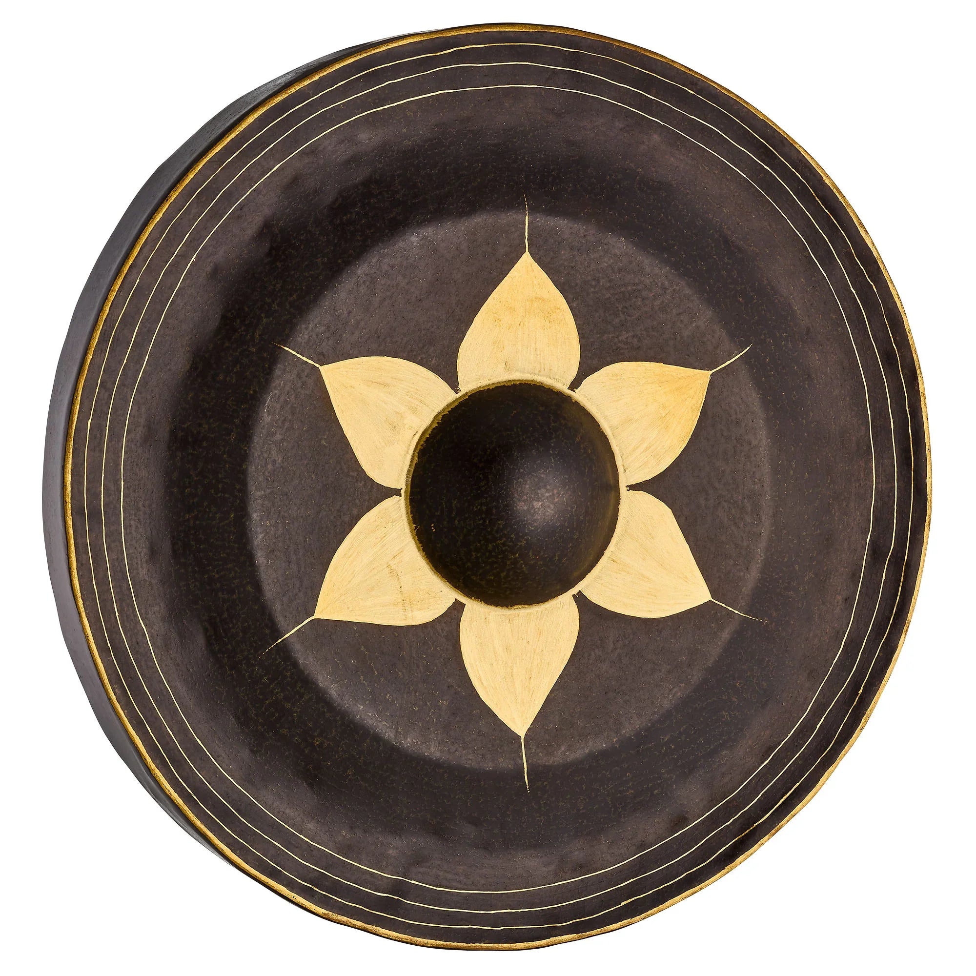 Handcrafted metal gong with flower design, ideal for sound healing and meditation