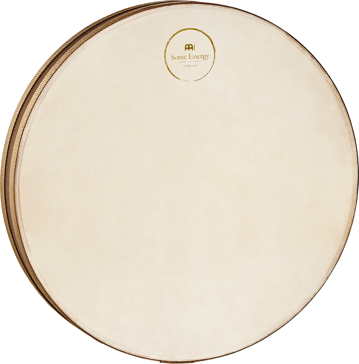 Frame drum for sound healing and meditation, natural skin head, round edge, Sonic Energy logo.