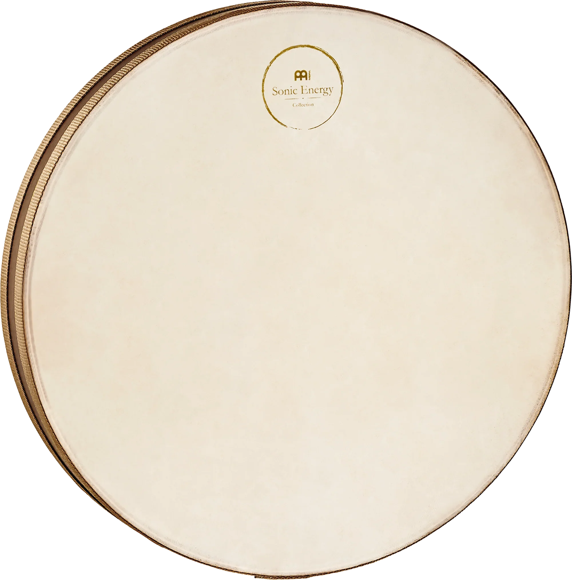 Frame drum for sound healing and meditation, natural skin head, round edge, Sonic Energy logo.