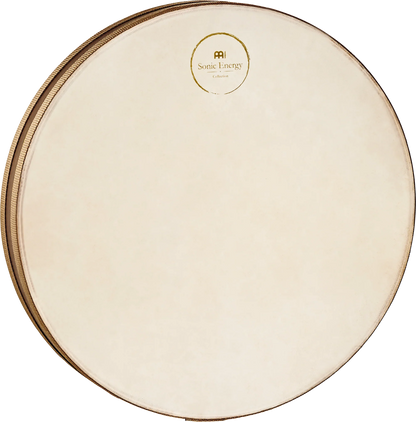 Frame drum for sound healing and meditation, natural skin head, round edge, Sonic Energy logo.
