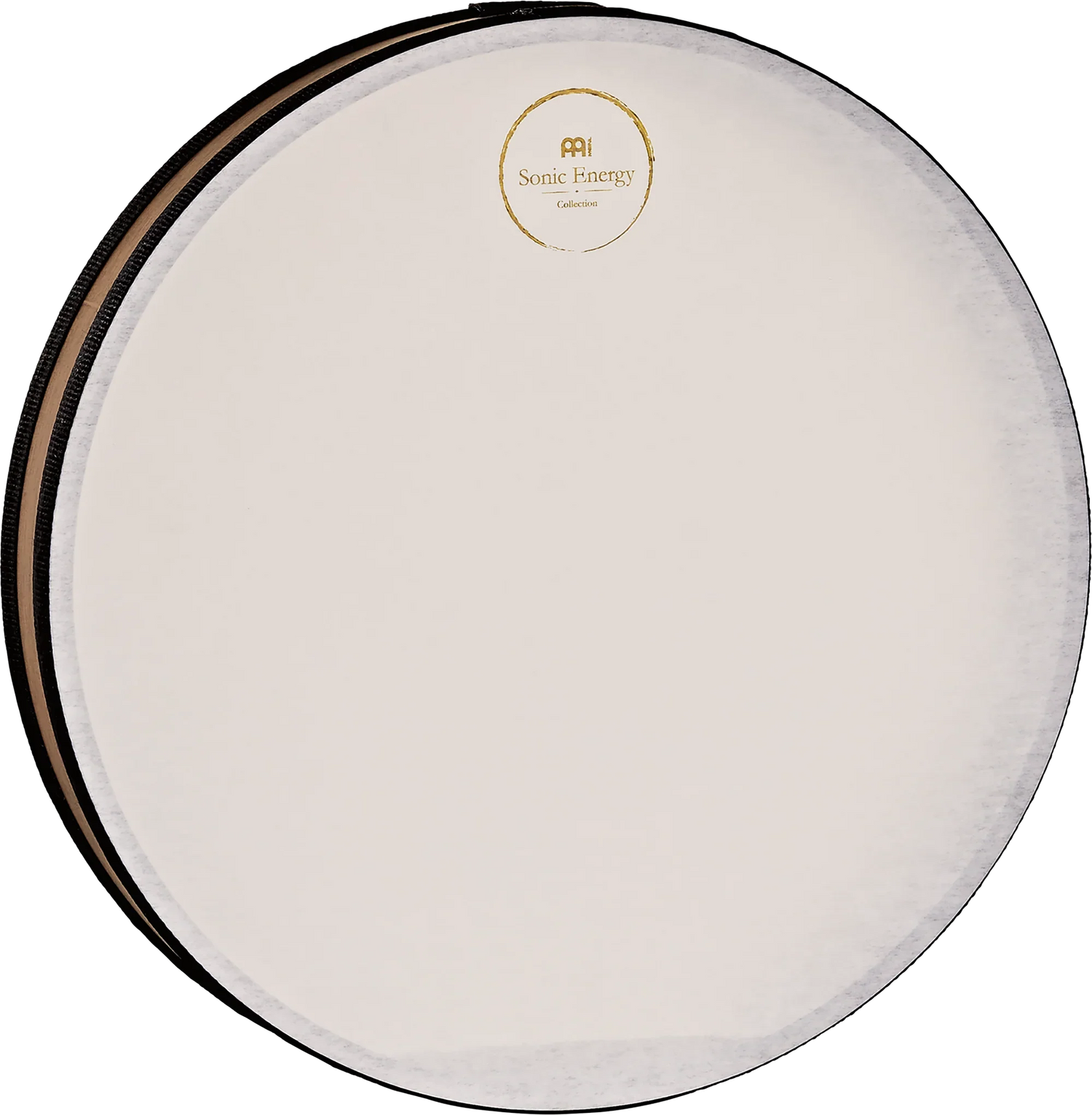 White frame drum with Sonic Energy logo, percussion instrument for sound healing