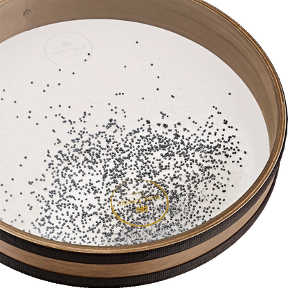 Close-up of a wooden frame drum with metal beads on a white drumhead, used for sound healing.