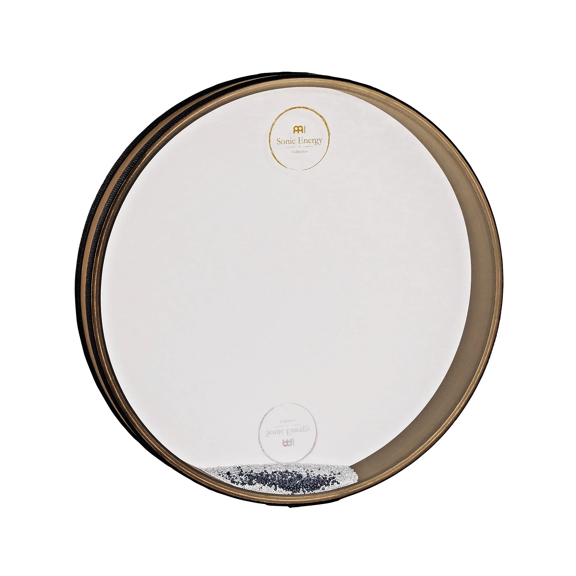 White frame drum with clear head and black beads for sound healing and meditation