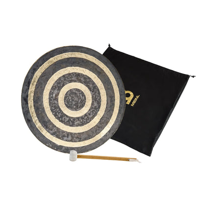 Hand-hammered bronze gong with concentric circles, mallet, and black carry bag for sound healing.