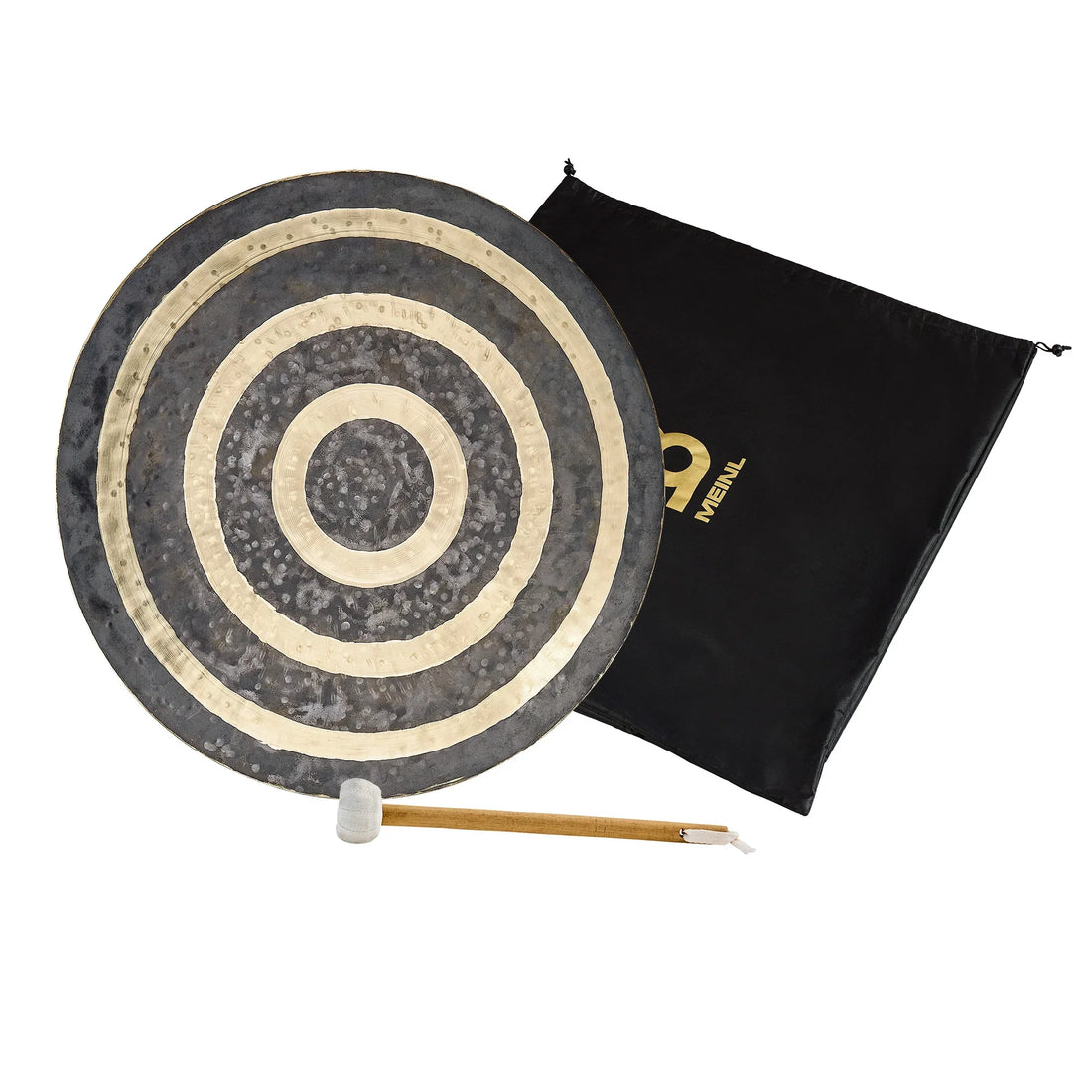 Hand-hammered metal gong with concentric circles, mallet, and carrying bag for sound healing