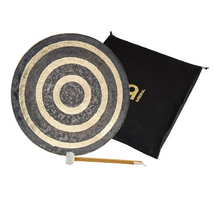 Hand-hammered metal gong with concentric circles, mallet, and carrying bag for sound healing