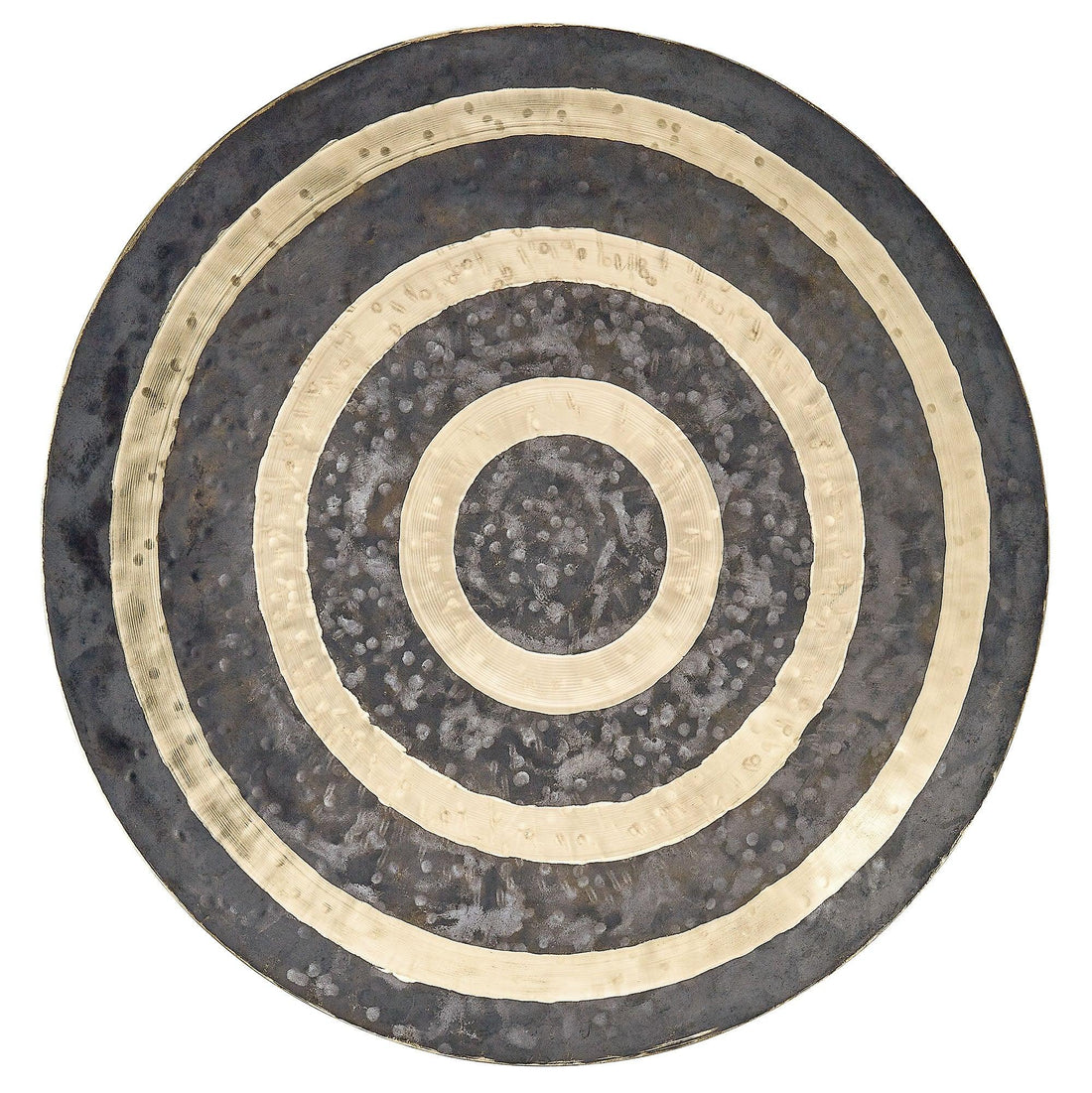 Handcrafted metal gong with concentric gold and dark rings for sound healing