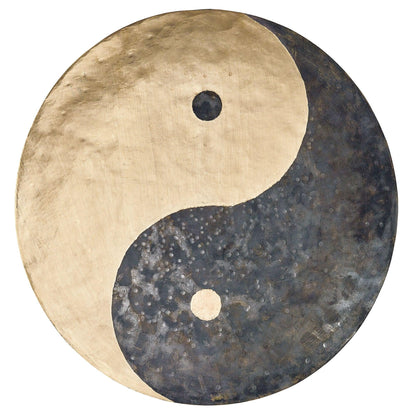 Yin yang gong for sound healing, hand-hammered metal with gold and black design