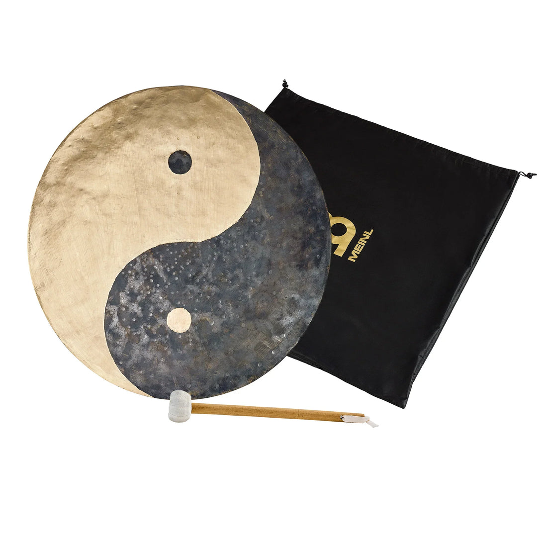 Yin yang gong with mallet and black carrying bag, ideal for sound healing and meditation