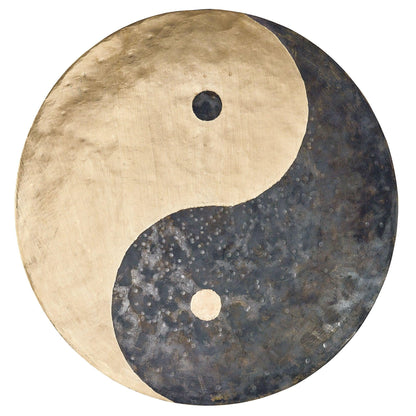 Yin yang gong for sound healing, round metal design with gold and black finish
